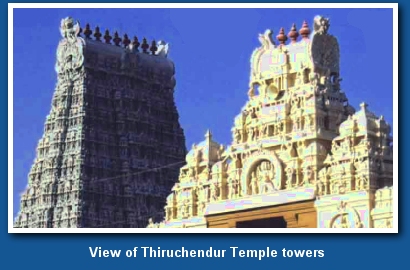 Massive temple tower and adjascent towers of thiruchendur temple