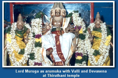 Lord Muruga as Arumuga or six headed - with Valli and Devasena